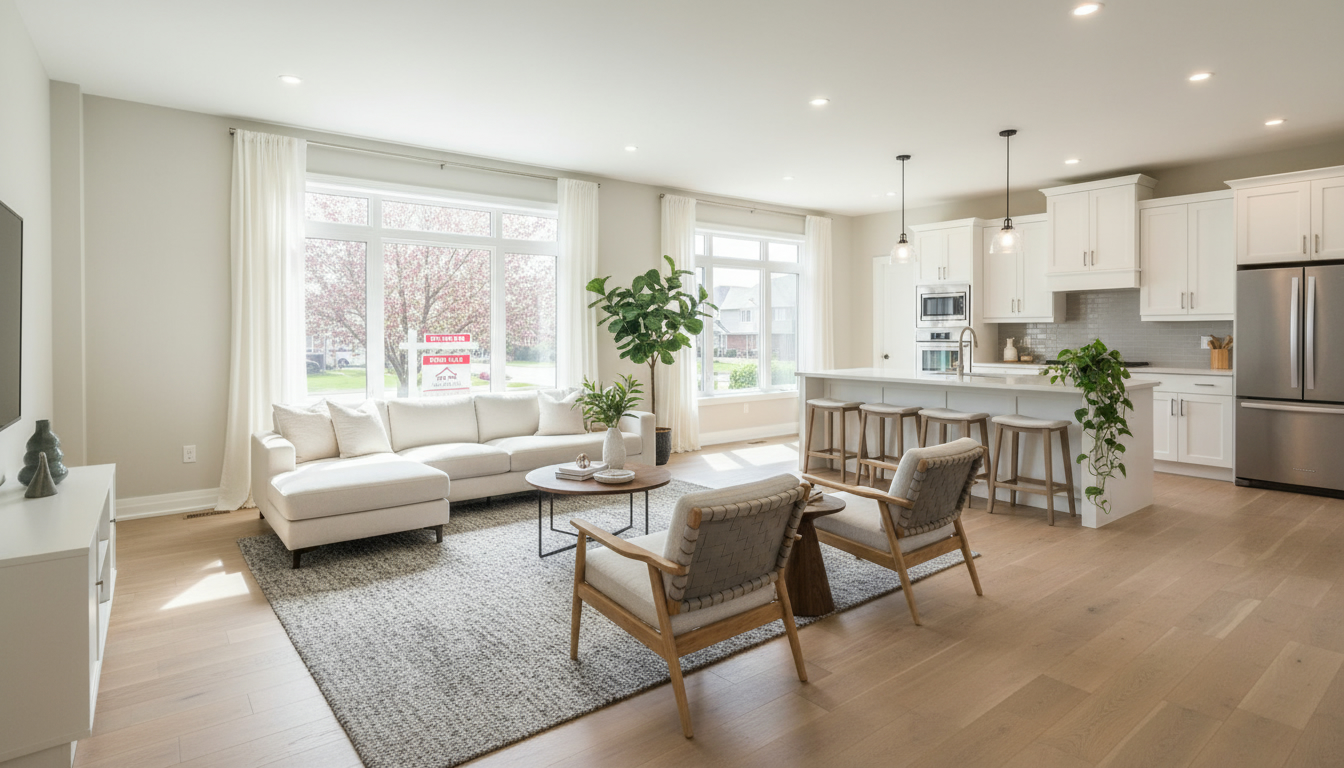 Staged Milton home living room with modern neutral wide-plank flooring and open plan kitchen, natural light, and 'For Sale' sign visible outside.
