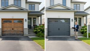 Suburban Milton home showing before-and-after garage door replacement with new modern insulated door and For Sale sign