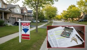 Sold sign in front of a Milton home with tax documents and calculator on a nearby table