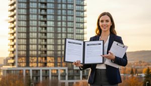 Milton condo building with realtor holding insurance documents and status certificate