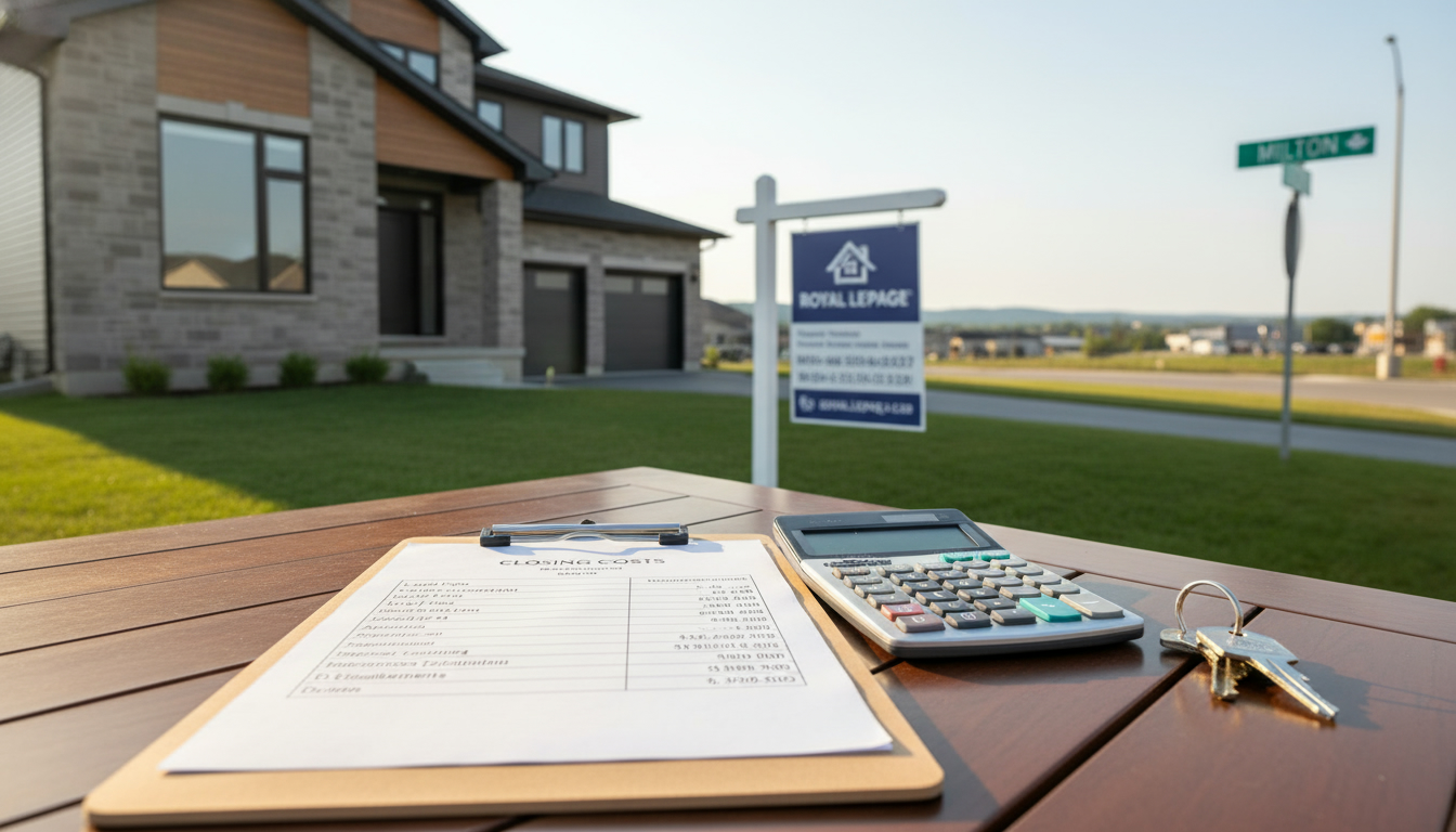 Milton house For Sale sign with clipboard showing itemized seller closing costs, calculator and keys