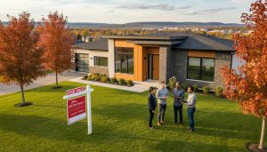 Milton Ontario suburban home with For Sale sign and prospective buyers reviewing property details.