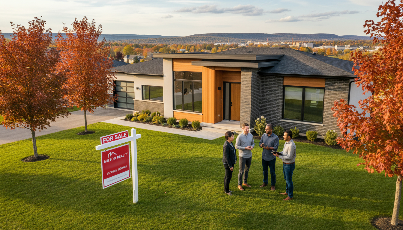 Milton Ontario suburban home with For Sale sign and prospective buyers reviewing property details.