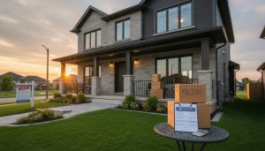 Milton Ontario home exterior with moving boxes and closing cost worksheet on a table