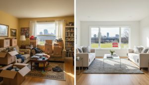 Before and after decluttering: cluttered lived-in Milton home vs. clean staged Milton living room with sold sign outside.
