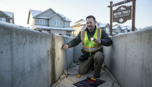 Home inspector examining a basement foundation and roof eavestrough at a suburban Milton, Ontario house