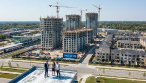 Aerial view of pre-construction condo towers and townhouses in Milton, Ontario with a realtor and clients reviewing plans.