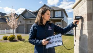 Home inspector using infrared camera and moisture meter on a suburban Milton, Ontario house exterior