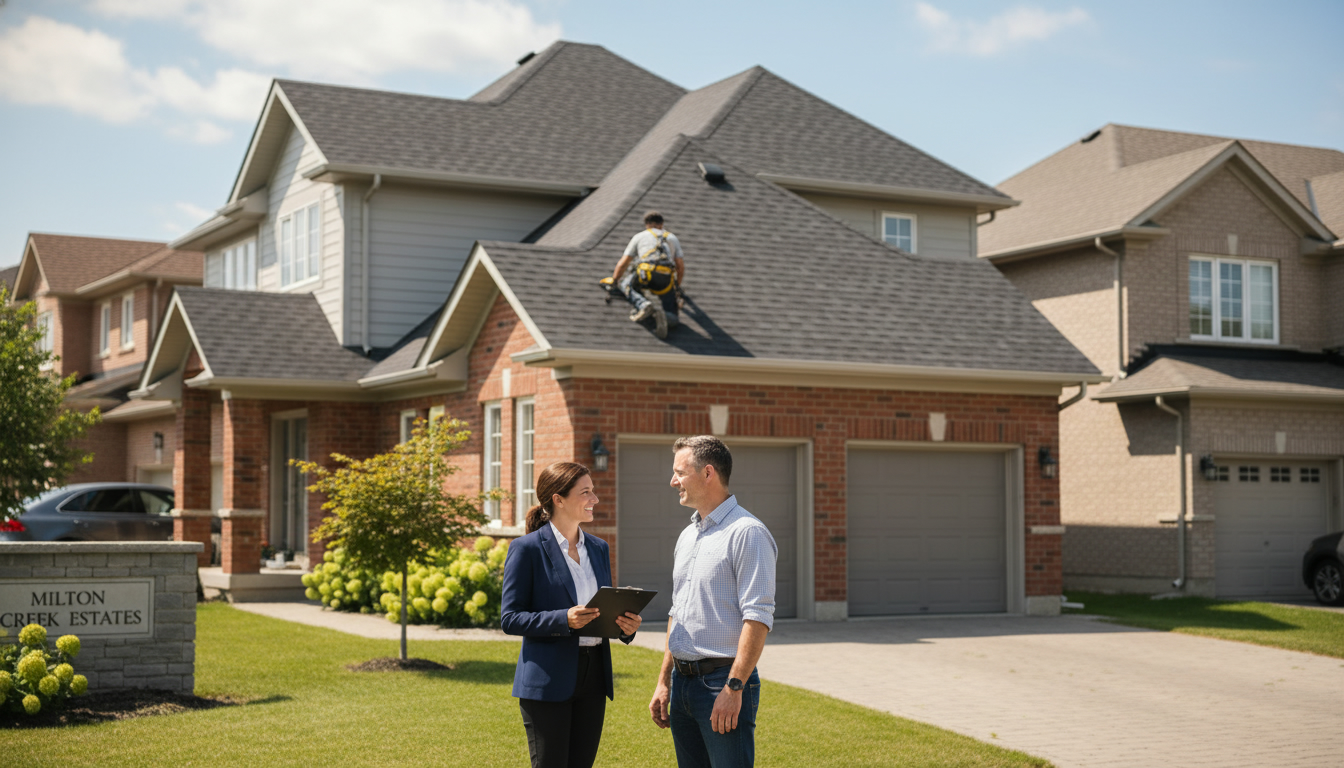 Milton home with real estate agent, homeowner, and roofer inspecting roof before sale