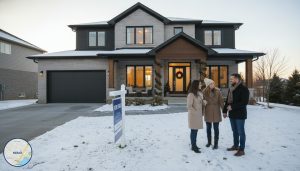 Milton Ontario home for sale in winter with 'For Sale' sign and agent speaking to couple