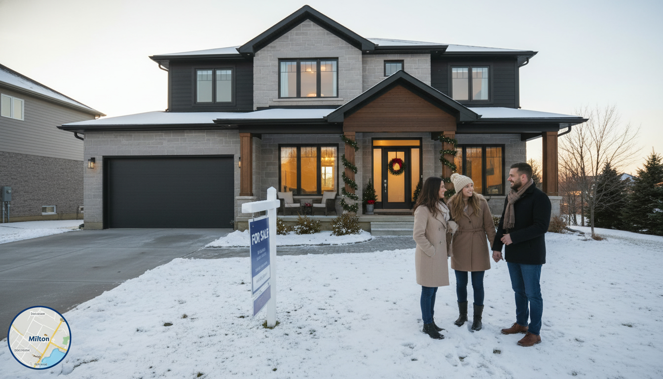Milton Ontario home for sale in winter with 'For Sale' sign and agent speaking to couple