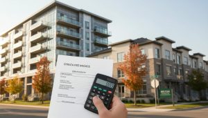 Milton condos and townhouses with strata fee invoice and calculator in foreground