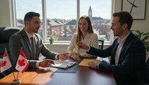 Real estate lawyer finalizing closing with seller and buyer in a modern office in Milton, Ontario