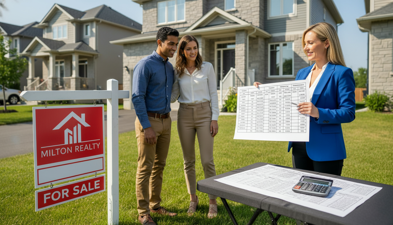 Realtor explaining mortgage amortization schedule and payout to home sellers in Milton, Ontario