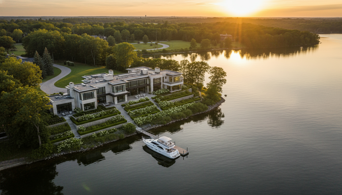 Aerial view of a luxury Oakville waterfront home at sunset with manicured grounds and dock, with Milton countryside in the background.