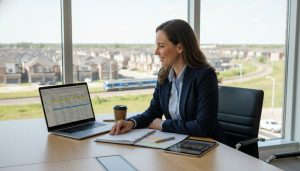 Investor reviewing rental property spreadsheets with Milton suburban homes and GO Transit in the background