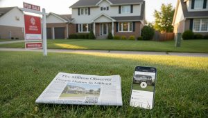 Milton home for sale with newspaper ad and online listing on smartphone showing QR code