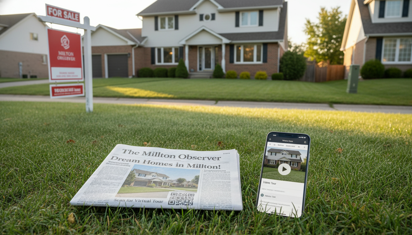 Milton home for sale with newspaper ad and online listing on smartphone showing QR code