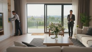 Staged Milton home interior with cleaner and realtor preparing for showings