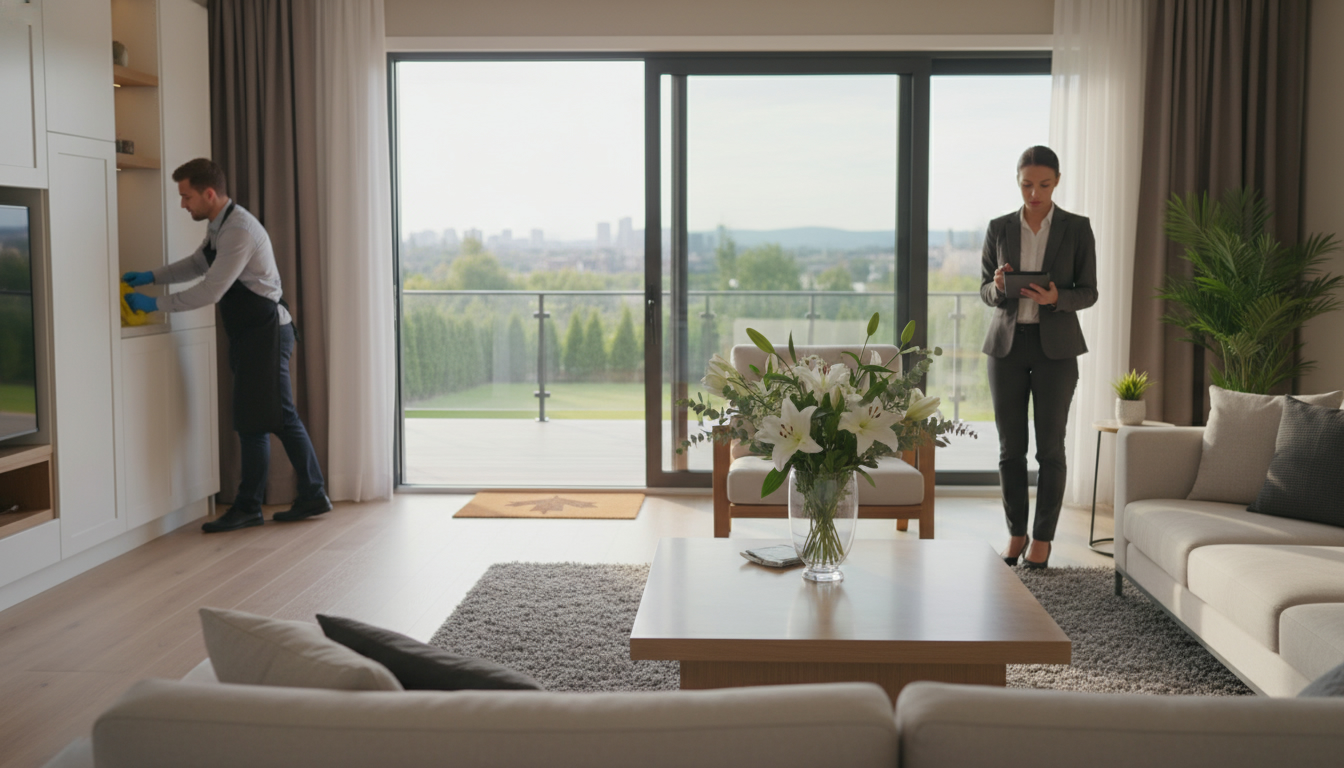 Staged Milton home interior with cleaner and realtor preparing for showings