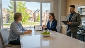 Homeowner interviewing real estate agents in a Milton, Ontario kitchen, reviewing a Comparative Market Analysis on a tablet