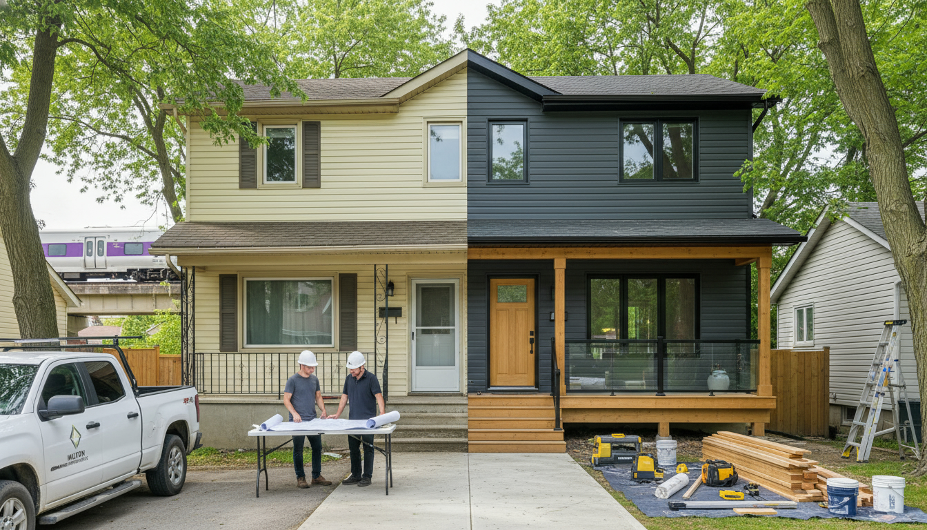 Suburban Milton Ontario house undergoing renovation with contractor and homeowner reviewing blueprints; GO train visible in background