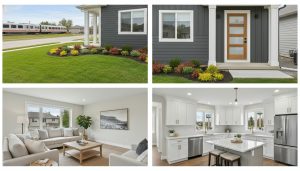 Staged Milton Ontario home exterior and interior showing curb appeal, neutral living room, and updated kitchen
