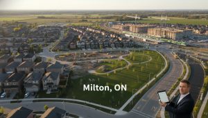 Aerial view of Milton, Ontario neighborhood with construction, transit station, and homes showing infrastructure development.