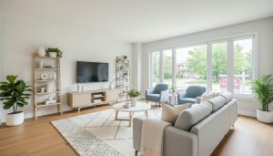 Staged living room in a Milton Ontario home with natural light and suburban street view