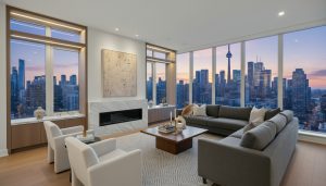Luxury condo living room with Toronto skyline at twilight, professionally staged and photographed