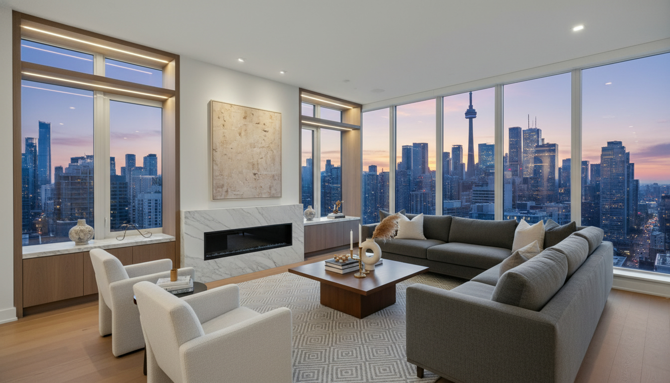 Luxury condo living room with Toronto skyline at twilight, professionally staged and photographed