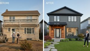 Split-view image of a Milton, Ontario house before and after renovation with realtor on the lawn