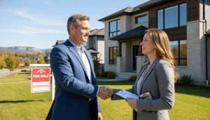 Homeowner and realtor shaking hands in front of a Milton house with a For Sale sign and listing paperwork visible.
