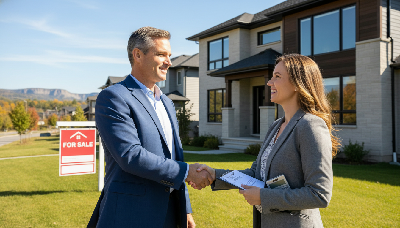 Homeowner and realtor shaking hands in front of a Milton house with a For Sale sign and listing paperwork visible.