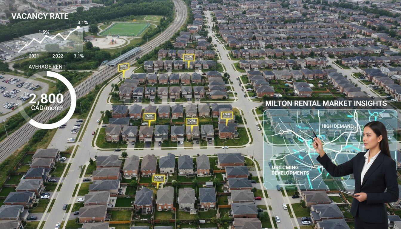 Aerial view of Milton Ontario neighbourhood with rental metrics overlay and real estate agent