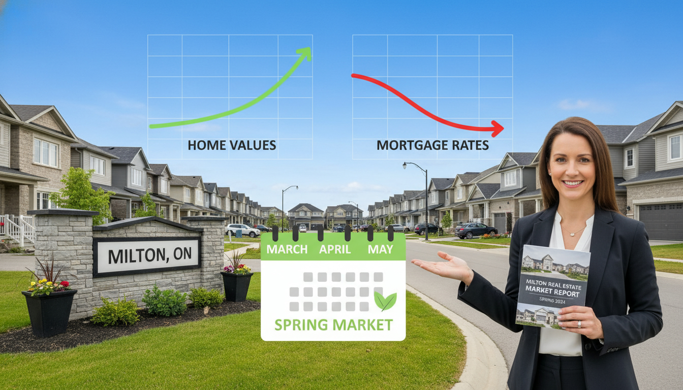 Milton Ontario neighborhood with market charts and realtor holding market report, representing real estate market timing and strategy.