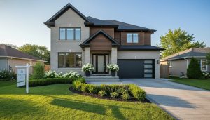 Suburban Milton Ontario home with fresh landscaping, modern front door and 'For Sale' sign, showing strong curb appeal.
