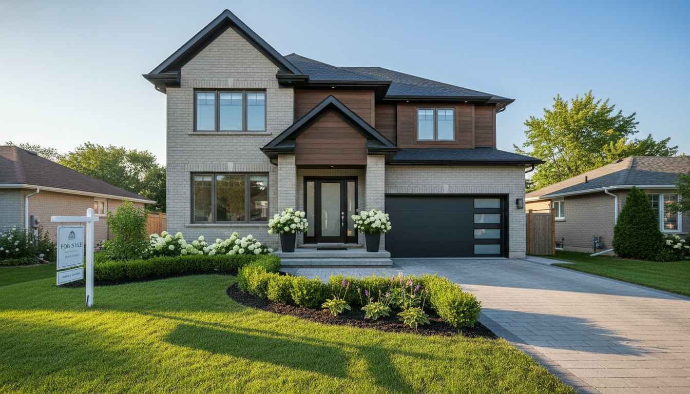 Suburban Milton Ontario home with fresh landscaping, modern front door and 'For Sale' sign, showing strong curb appeal.