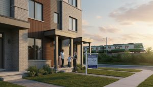 Milton Ontario modern townhouse row with 'For Sale' sign and realtor speaking to family