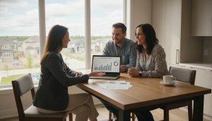 Realtor advising couple on mortgage choices in a Milton home with mortgage charts on laptop.