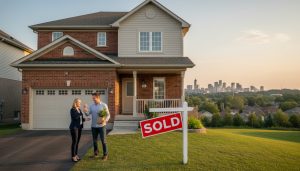 Milton Ontario house with sold sign and realtor handing keys to buyers on porch