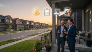 Realtor and homeowner in Milton reviewing a selling expenses checklist on a suburban front porch with homes in background