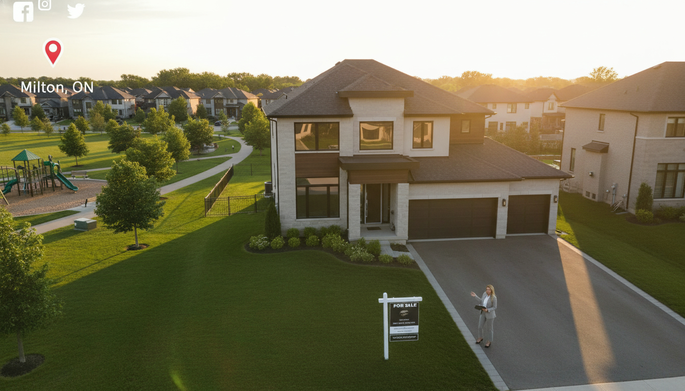 Milton, Ontario home at golden hour with drone view, agent and for sale sign, showcasing real estate marketing exposure
