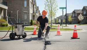 Contractor repairing asphalt driveway cracks in a suburban Milton, Ontario neighbourhood
