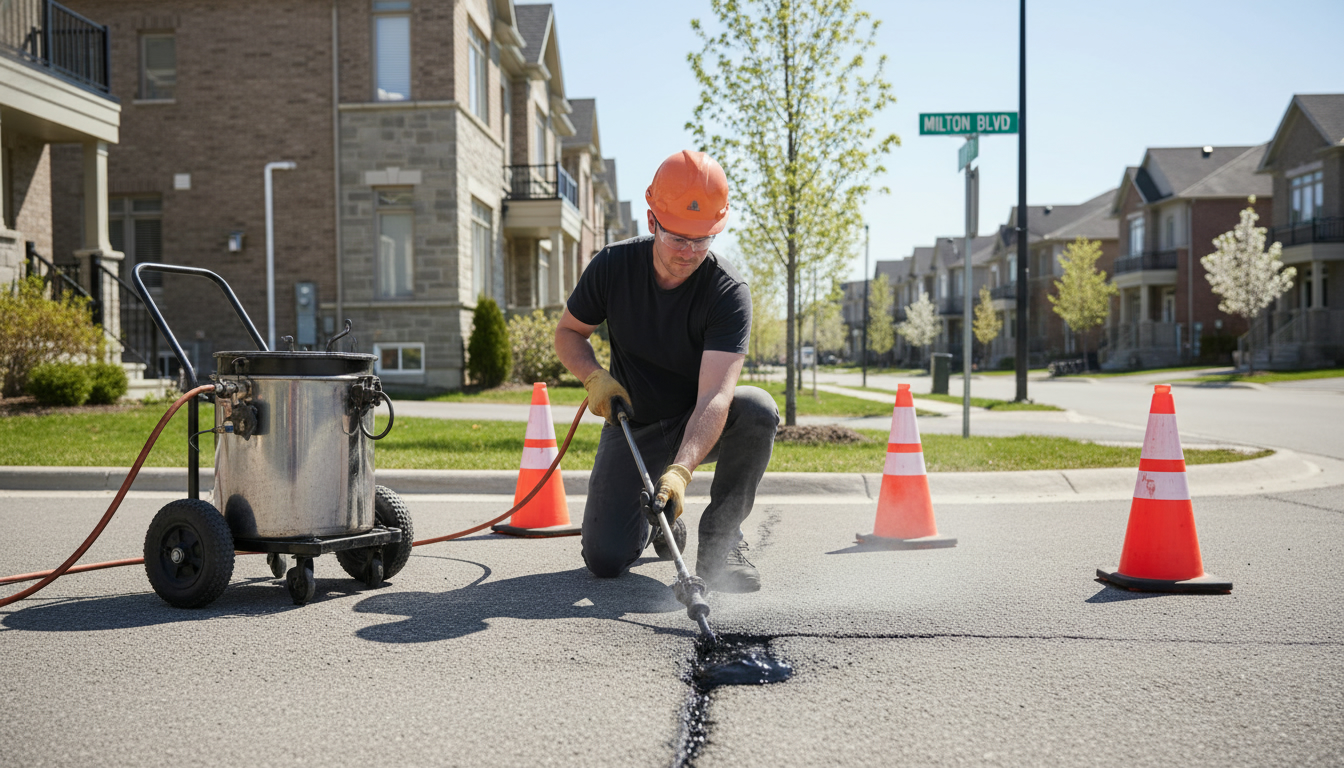 Contractor repairing asphalt driveway cracks in a suburban Milton, Ontario neighbourhood