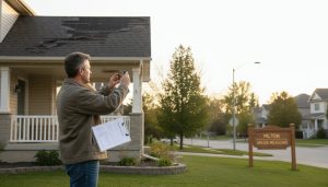 Homeowner documenting storm damage at a Milton, Ontario house with insurance paperwork and contractor estimate on clipboard.