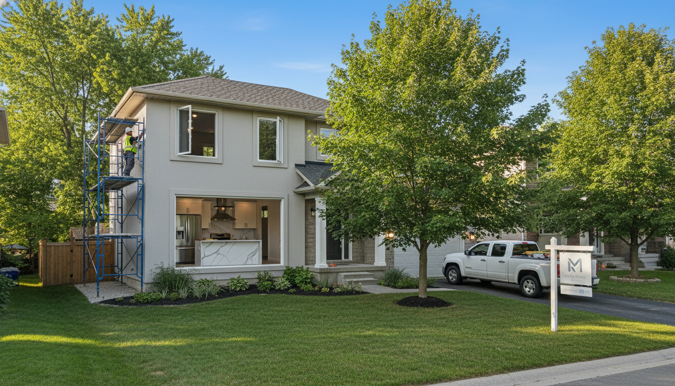 Milton Ontario suburban house mid-renovation with contractors and a For Sale sign