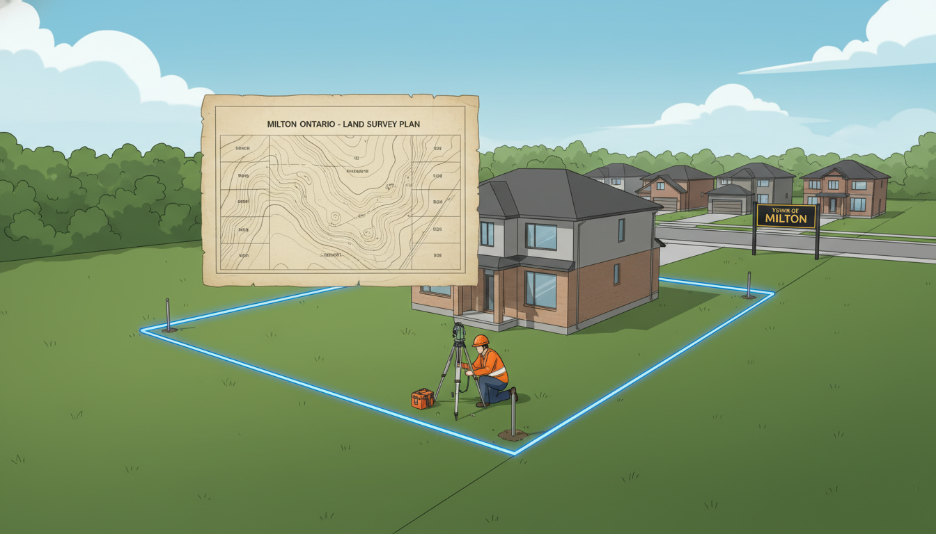 A land surveyor marking property boundaries on a suburban Milton lot with an overlaid survey map.