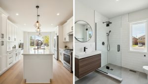 Split-view of renovated kitchen and bathroom in a modern Milton home showing bright kitchen and updated bathroom.