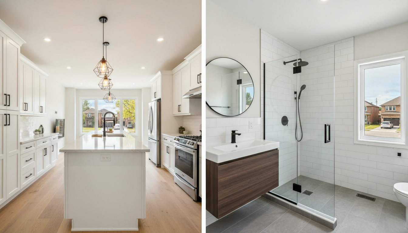Split-view of renovated kitchen and bathroom in a modern Milton home showing bright kitchen and updated bathroom.